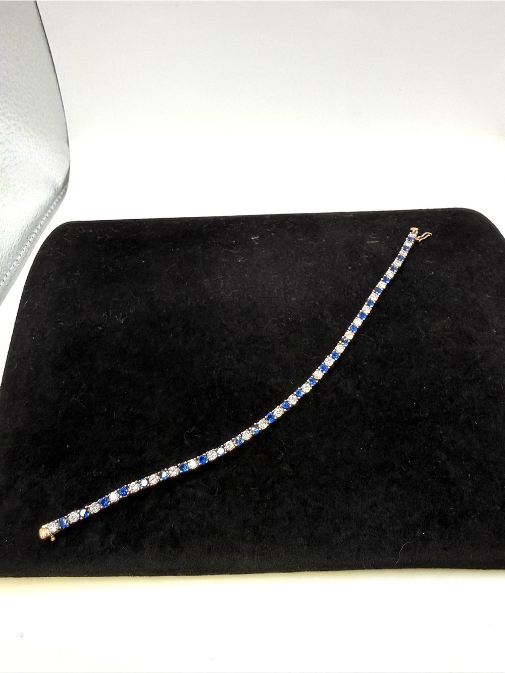 Vintage Gold Tone Tennis Bracelet Blue & Clear Rhinestones 7.25”